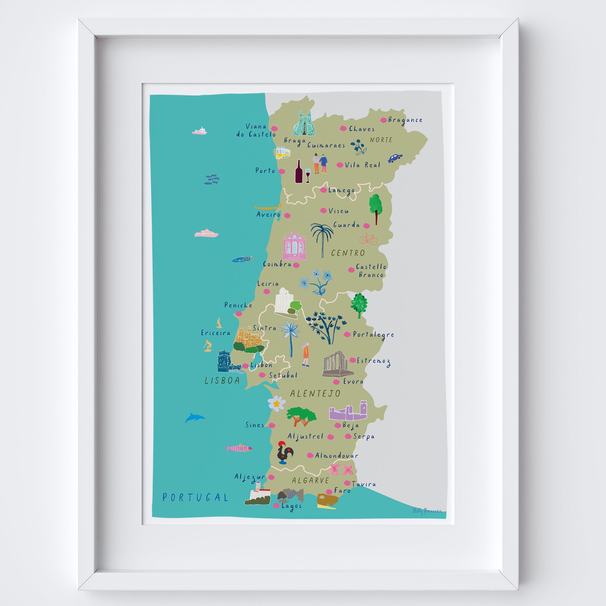 Map of Portugal Art Print Illustration North Central 