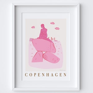 Standbeeld van de kleine zeemeermin, Kopenhagen Skyline Cityscape monumenten uitkijkpunt scène Art Print - reiscadeau - roze - Den lille Havfrue, København