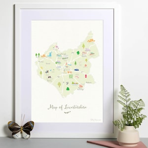 Impression d'art de la carte du Leicestershire - carte du comté du Royaume-Uni - affiche de voyage du Leicestershire - cadeau personnalisable, souvenirs et événements marquants