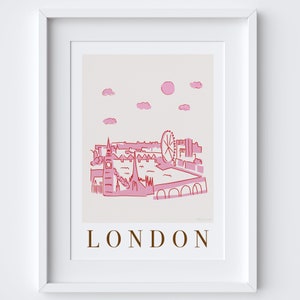 London, England Skyline Cityscape Landmarks Viewpoint Scene Art Print - UK British Travel Gift - Pink