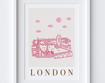 London, England Skyline Cityscape Landmarks Viewpoint Scene Art Print - UK British Travel Gift - Pink