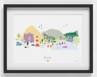 Devon Skyline Cityscape Landmarks Art Print – Illustrated County Poster – South West England Wall Art – Travel Gift