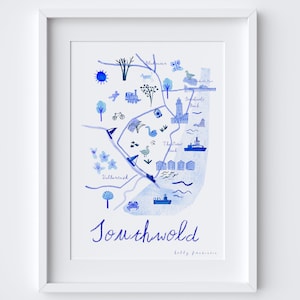 Southwold & Walberswick Map Poster - Suffolk Coast Blue Landmarks Travel Art Print - Suffolk Coast Beach Wall Art Decor Heritage style