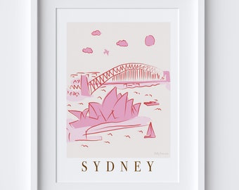 Sydney, Australia Skyline Cityscape Landmarks Viewpoint Scene Art Print - Travel Gift - Pink - Sydney Opera House - Bridge - Harbour