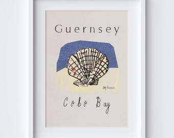 Cobo Bay, Guernsey Print - Scallop on the Beach Drawing - UK Channel Islands Travel Print - Guernsey Art Print - Wall Art Decor