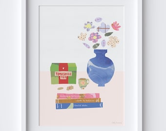 Yorkshire Still Life Scene Art Print - Yorkshire Tea Authors Flowers Table Scene - English Tea time Poster