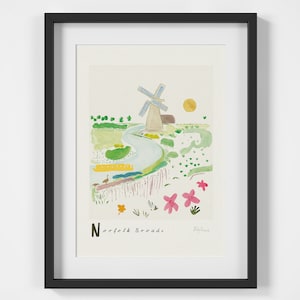 Norfolk Broads Scene Travel Print - Waterways Narrowboat journey art