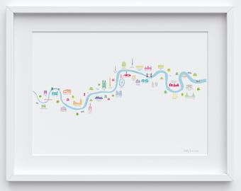 River Thames London - Thames Barrier to Barnes Bridge Map Print