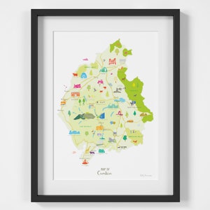 Impression d'art de la carte de la Cumbrie - carte du comté du Royaume-Uni - affiche de voyage de la Cumbrie - cadeau personnalisable souvenirs et jalons - Parc national du Lake District