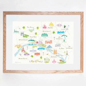 May include: A colorful illustrated map of Paris, France, with landmarks and the Seine River. The map includes the Eiffel Tower, Notre Dame Cathedral, the Louvre Museum, and the Arc de Triomphe. The map is labeled with the names of the different arrondissements.
