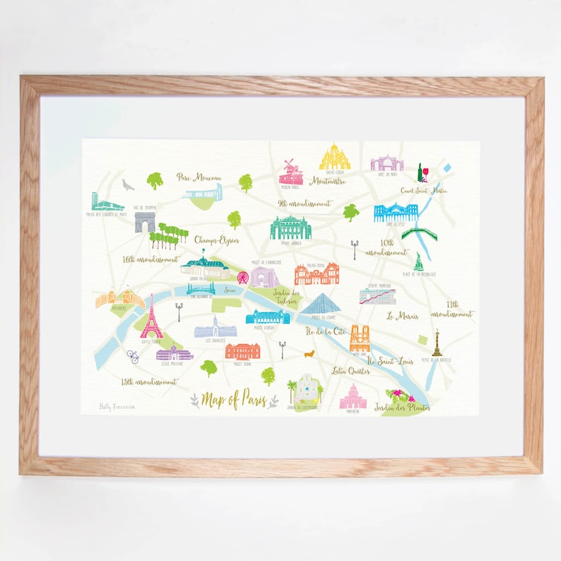 May include: A colorful illustrated map of Paris, France, with landmarks and the Seine River. The map includes the Eiffel Tower, Notre Dame Cathedral, the Louvre Museum, and the Arc de Triomphe. The map is labeled with the names of the different arrondissements.