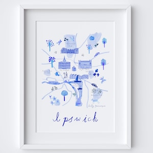 Mappa della città di Ipswich, stampa di viaggio Blue Landmarks, stampa artistica del Suffolk, decorazione artistica da parete, illustrazioni a inchiostro blu, stile storico