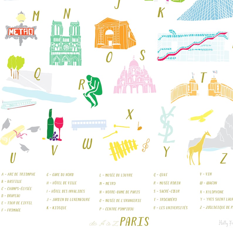 May include: A colorful alphabet poster featuring landmarks and symbols of Paris, France. Each letter is paired with a corresponding illustration, such as the Eiffel Tower for "E" and the Louvre Museum for "L". The poster includes text labels for each landmark, making it an educational and decorative piece.