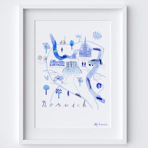 Norwich City Map - Blue Landmarks Travel Print - Norfolk Art Print - Wall Art Decor - Blue ink illustrations - Heritage style