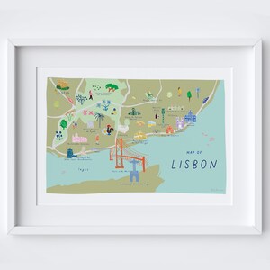 Kaart van Lissabon Art Print - Illustratie - Centraal Portugal Travel Poster - Rivier taag - Lisboa