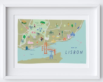 May include: A colorful illustrated map of Lisbon, Portugal, with a green background and blue water. The map features landmarks like the Jerónimos Monastery, the Belém Tower, and the 25 de Abril Bridge. The text "MAP OF LISBON" is printed in blue at the bottom of the map.