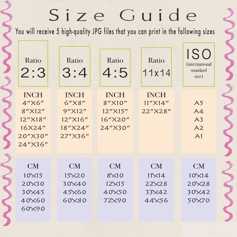 May include: A chart showing different print sizes for digital downloads. The chart is divided into five columns, each with a different aspect ratio: 2:3, 3:4, 4:5, 11x14, and ISO (international standard size). Each column lists the dimensions in inches and centimeters.