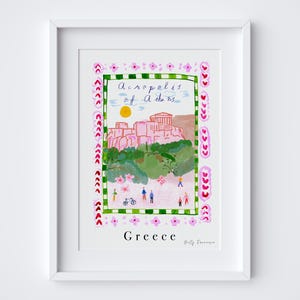 May include: A watercolor illustration of the Acropolis of Athens in Greece. The illustration is surrounded by a pink and green border with hearts and flowers. The text "Acropolis of Athens" and "Greece" are written in black.