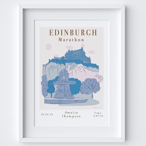 Edinburgh Marathon Running Scene Landmarks Personalised Print Scottish Marathon Finisher gift Marathon Runner Runner's Milestone Art image 1