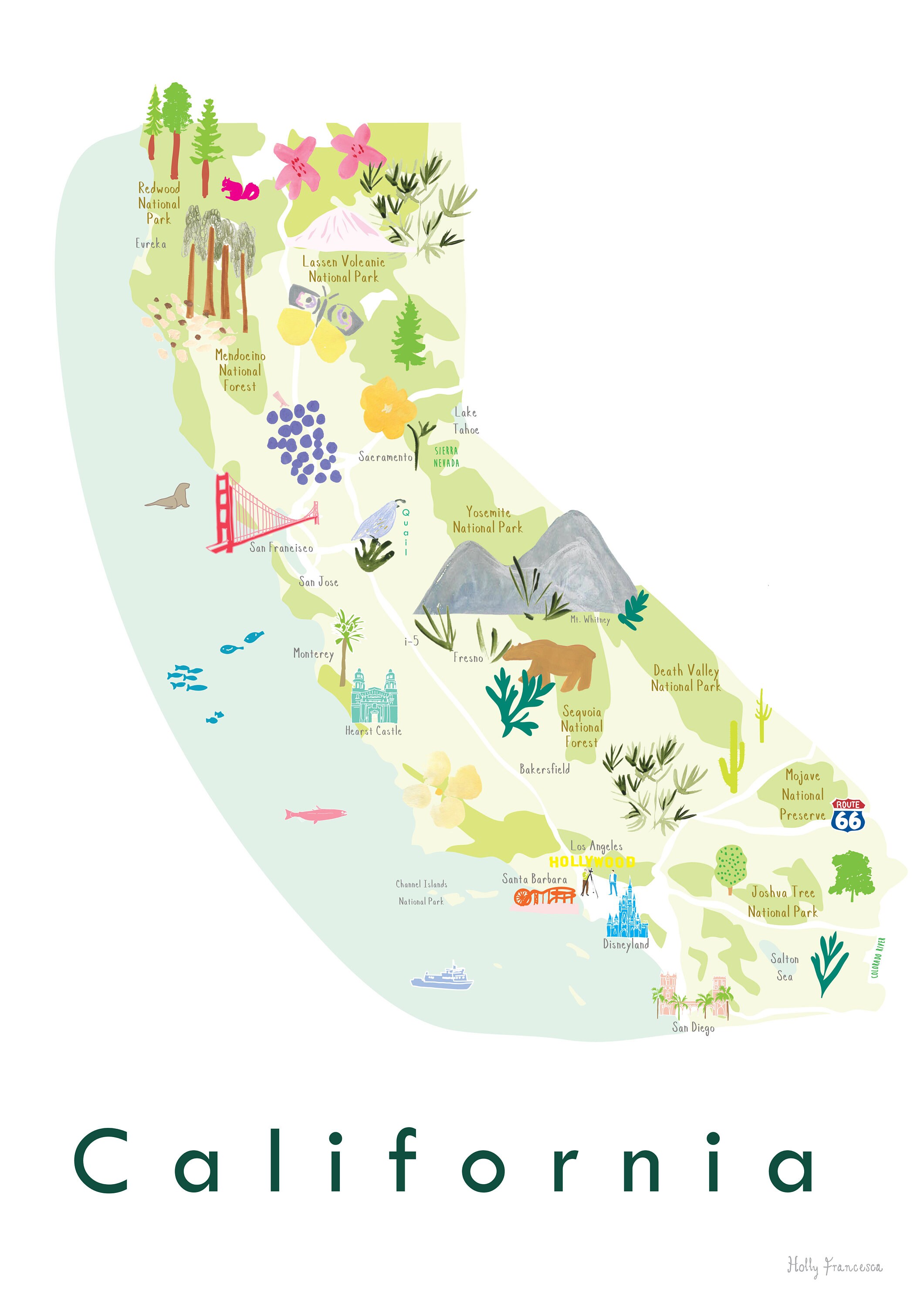 カリフォルニア州の地図アートプリント | 州のイラスト入りポスター