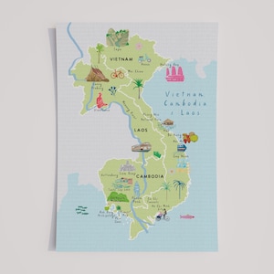 Vietnam, Cambodia & Laos Map Art Print – Illustrated Indochina Poster – Southeast Asia Wall Art – Travel Gift – Cultural Map Decor