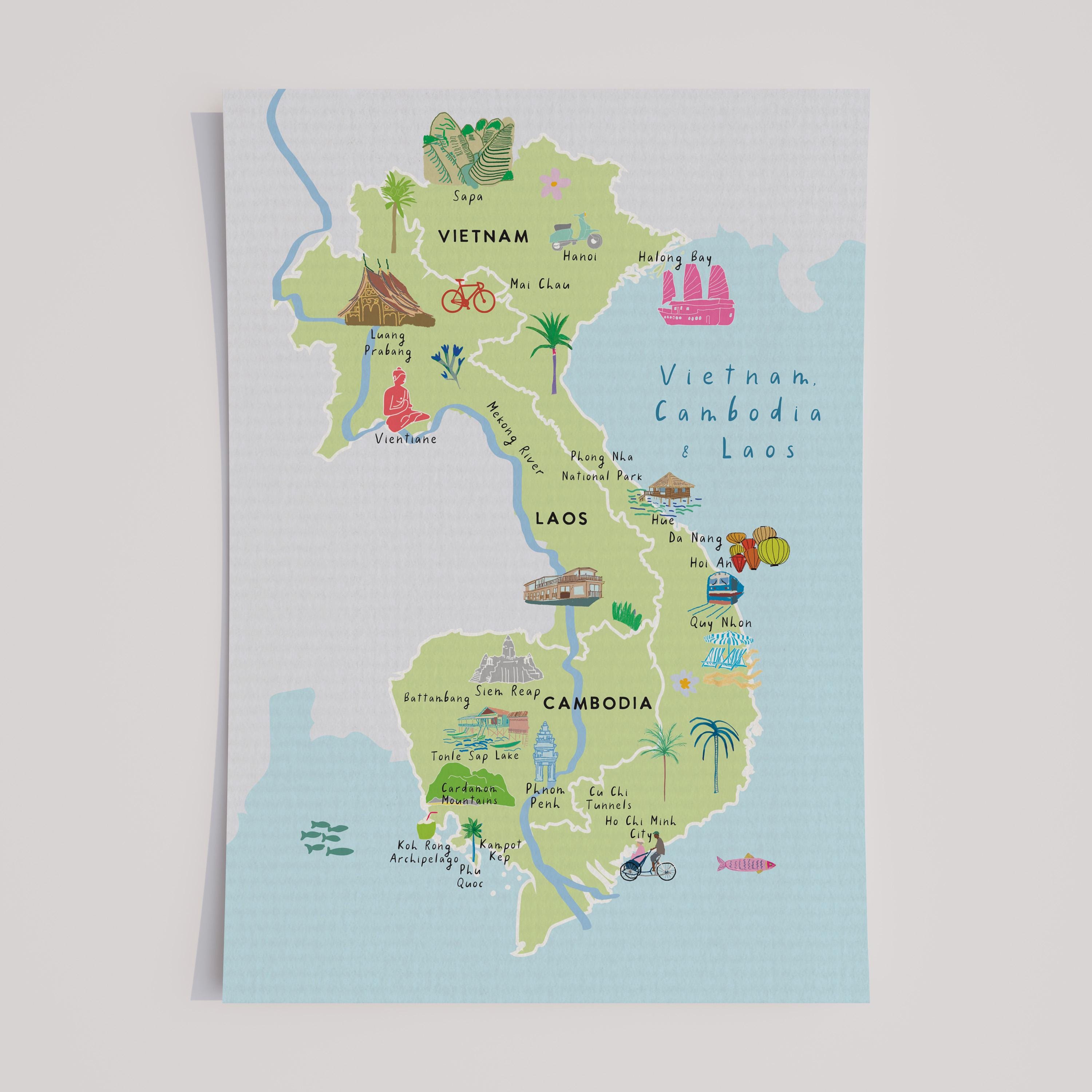 Vietnam, Cambodia & Laos Map Art Print – Illustrated Indochina
