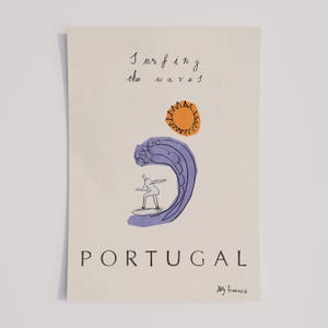 Lámina artística de olas de surf - Póster de viaje de surf en Portugal - Arte mural de playa con deportes acuáticos de surf - Diseño de la costa del océano Atlántico - DESCARGA DIGITAL