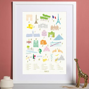 May include: A colorful illustrated alphabet poster featuring landmarks and symbols of Paris, France. The poster includes letters A through Z with corresponding images and descriptions. The poster is printed on white paper and framed in a white frame.