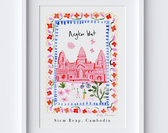 Angkor Wat, Siem Reap, Cambodia - Cambodian Temple Landmark Travel Poster - Travel Gift Backpacker - Heritage painting & South East Asia