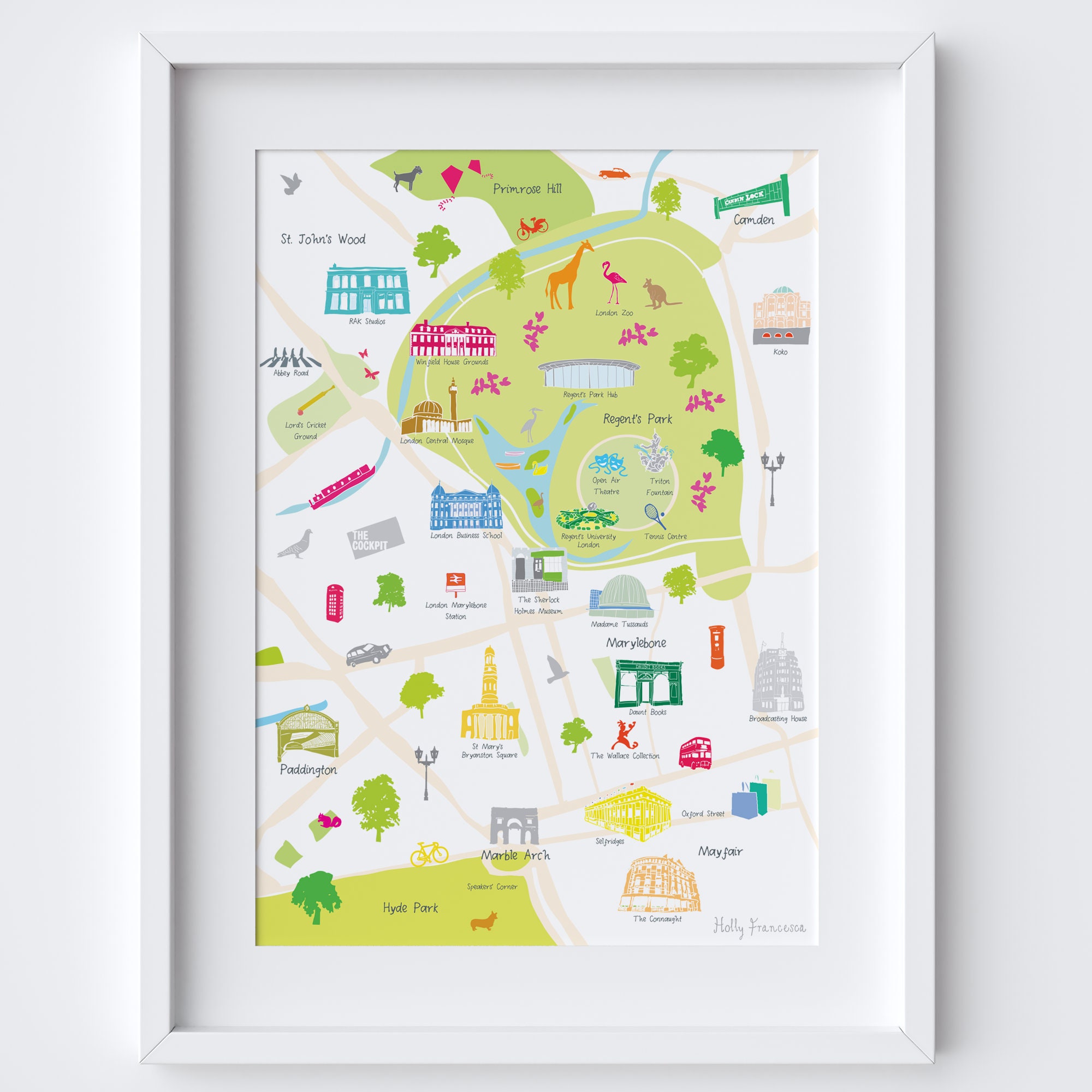 リージェンツパークロンドンマップアートプリント - イラスト入り