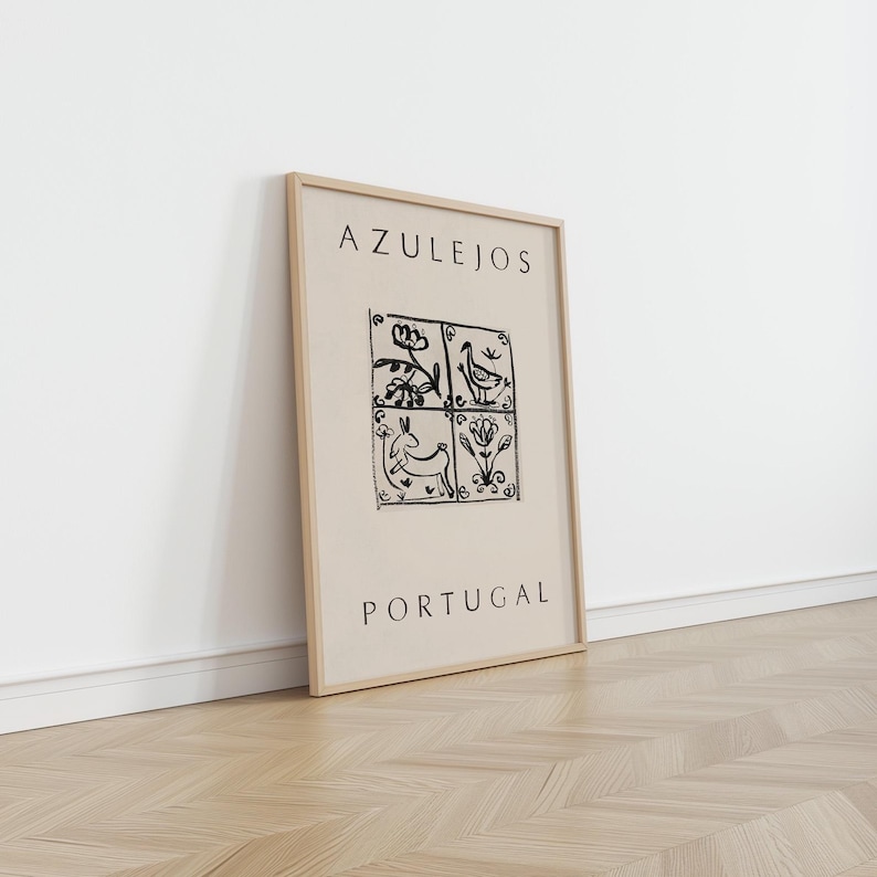 May include: A framed print with a beige background and black illustrations of stylized flowers, a bird, and a rabbit. The text "AZULEJOS PORTUGAL" is printed below the illustrations.