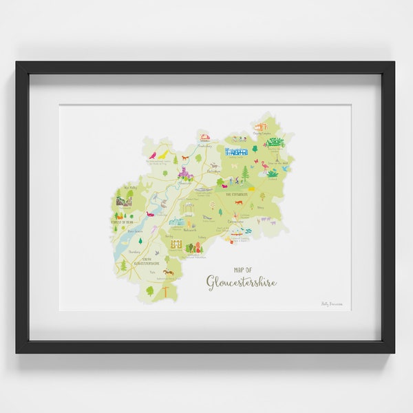 Carte du Gloucestershire Impression artistique | Poster illustré du comté du Royaume-Uni | Art mural des Cotswolds | Décoration de voyage britannique | Cadeau du Gloucestershire