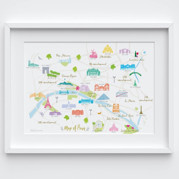 Map of Paris Art Print – Paris City Map Poster – Illustrated France Wall Art – Paris Landmarks Map – Travel Gift for Francophiles