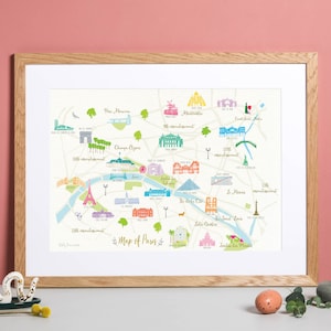 May include: A colorful illustrated map of Paris, France, with landmarks and neighborhoods labeled. The map includes the Eiffel Tower, the Louvre, Notre Dame Cathedral, and the Champs-Elysees.