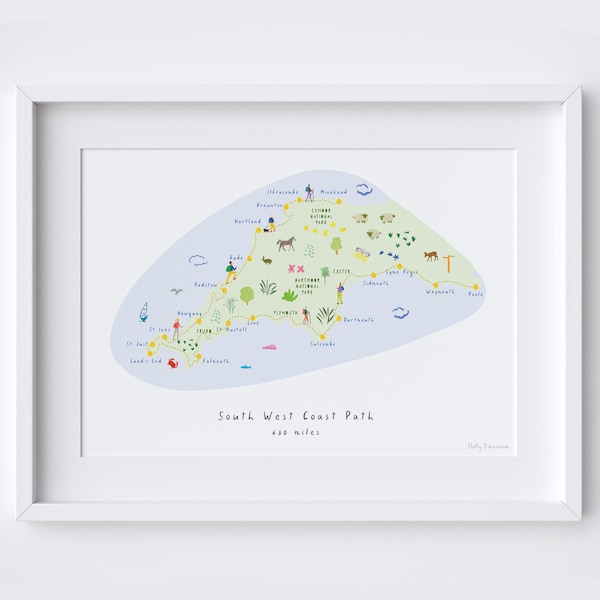 South West Coast Path Art Print Challenge Map - Hiking Route - Gift for Travel - Route Map