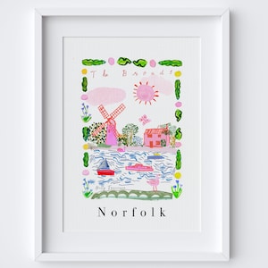 Impression d'art de la scène des Norfolk Broads - paysages à motifs : édition rose héritage - affiche d'art de voyage - parc national des Norfolk Broads