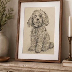 Puede incluir: Un boceto a carboncillo enmarcado de un perro de pelo rizado sentado. El dibujo muestra a un perro con collar y placa, realizado con trazos oscuros sobre un fondo beige claro, dentro de un marco de madera marrón con un paspartú blanco.