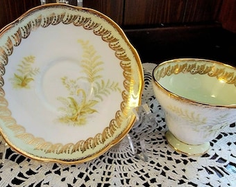 Vtg Foley E. Brain Teacup Saucer Bone China Fern Green Gold Pedestal Cup 3936