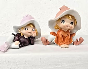 Homco Pixies Elves Figures Orange Pink Fairy Cottage Core 5213 Lot of 2 Vtg