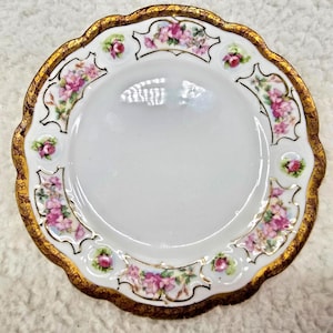 M Z Austria Moritz Zdekauer Dessert Bread Plate 6&quot; Pink Roses Gold 1884-1909