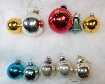 Christmas Lot of 10 Mercury Glass Balls Bell Shiny Brite Moon Stars Vintage