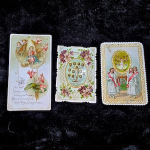 Heilige gebedskaarten Duitse gestanste Hidden Head Walldurn Miracle Vtg Ad Sample