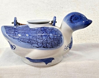 Porcelain Duck Shaped Tea Pot Blue White w Lid & Handle Hand Painted Vintage
