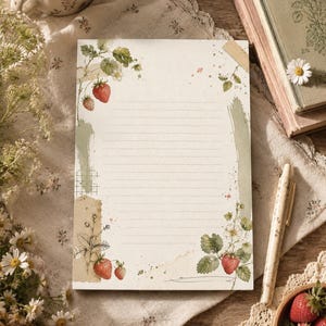 May include: A rectangular sheet of lined stationery paper featuring a botanical strawberry illustration. The design includes red strawberries, green leaves, white flowers, and sage green brushstroke accents on a cream-colored background.