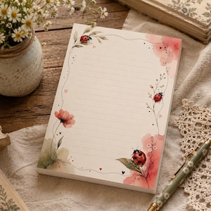 Può includere: Un blocco note rettangolare con linee orizzontali, caratterizzato da un bordo decorativo con coccinelle rosse, fiori rosa, foglie verdi e piccoli cuori neri e rossi su uno sfondo color crema con un sottile contorno nero.
