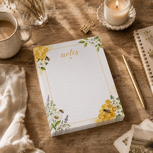 Blocco note con api floreali, blocco per appunti in stile cottagecore, taccuino da scrivania con motivo a nido d'ape