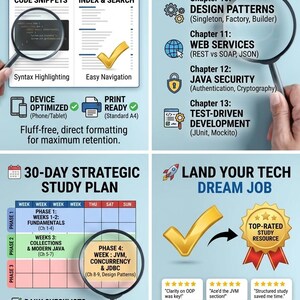 K&ouml;nnte beinhalten: Eine lehrreiche Infografik mit den Titeln Premium Features & Formatting, Detailed Chapter Walkthrough, 30-Day Strategic Study Plan und Land Your Tech Dream Job. Sie enth&auml;lt Symbole, Lupen, einen Lernkalender und ein goldenes Abzeichen.