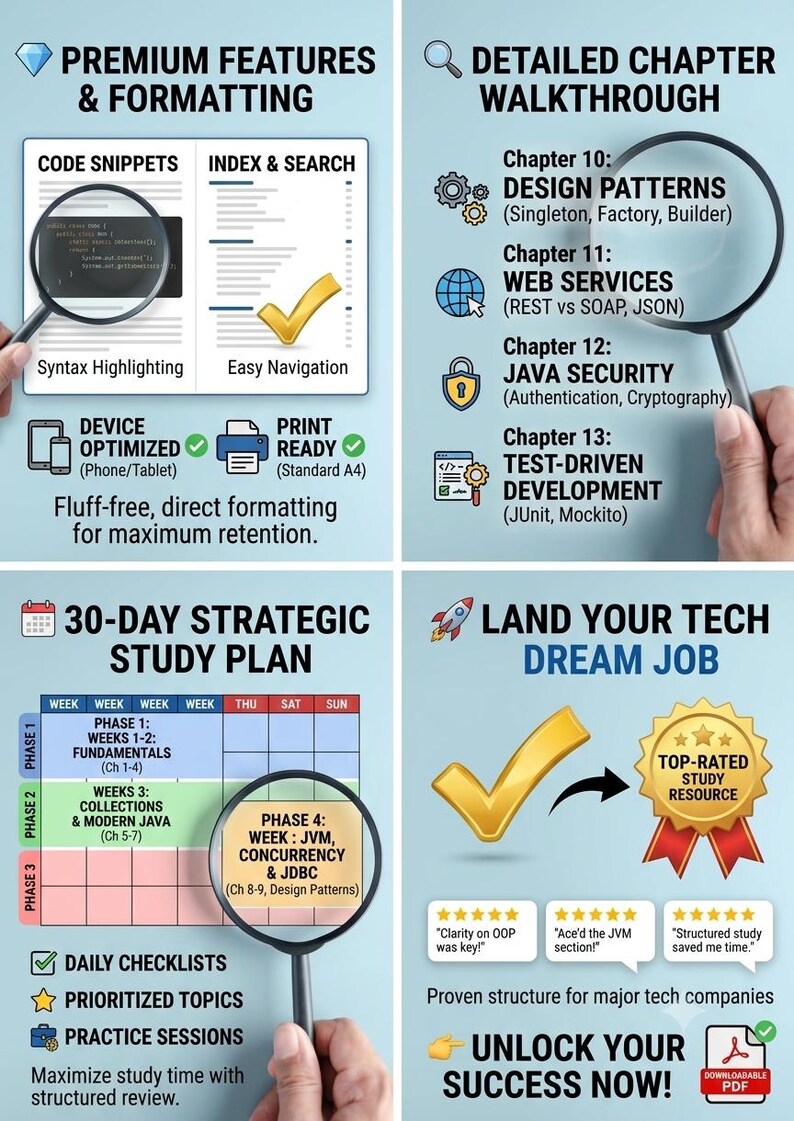 K&ouml;nnte beinhalten: Eine lehrreiche Infografik mit den Titeln Premium Features & Formatting, Detailed Chapter Walkthrough, 30-Day Strategic Study Plan und Land Your Tech Dream Job. Sie enth&auml;lt Symbole, Lupen, einen Lernkalender und ein goldenes Abzeichen.