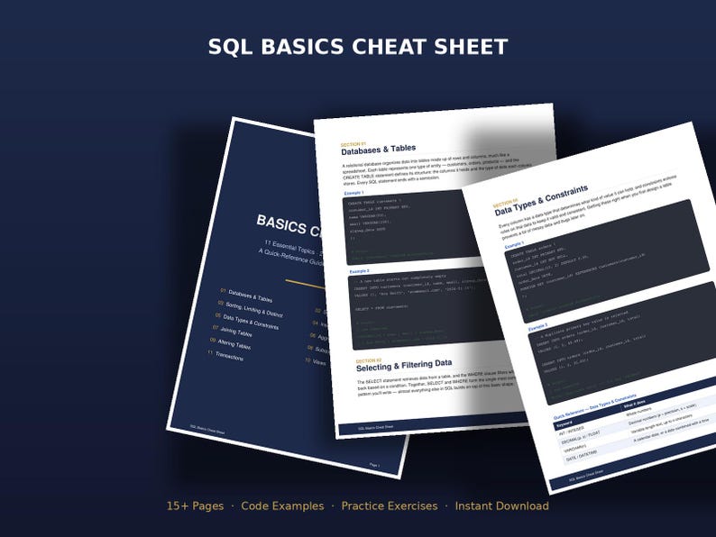 SQL Basics Cheat Sheet | Beginner Database Reference (Digital Download) image 1