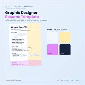 Plantilla de currículum de diseñador gráfico / CV moderno de diseñador gráfico (descarga digital) / Compatible con ATS / Currículum profesional